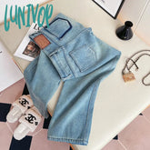 Lunivop Women’s High Waist Wide Leg Plush Warm Light Blue Jeans Autumn Winter American Street